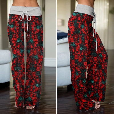 Red Seamless Skull Flower Women's High-waisted Wide Leg Pants