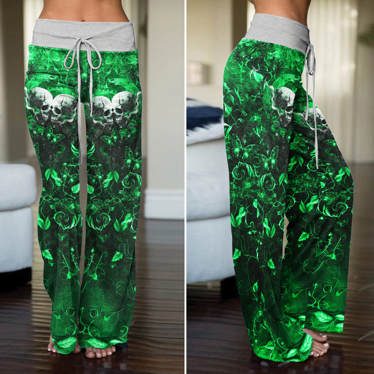 Green Skull Thorns Women's High-waisted Wide Leg Pants