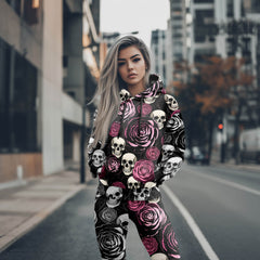Women Hoodie and Leggings, Pastel Rose Skull Bloom Outwear Pants Outfit