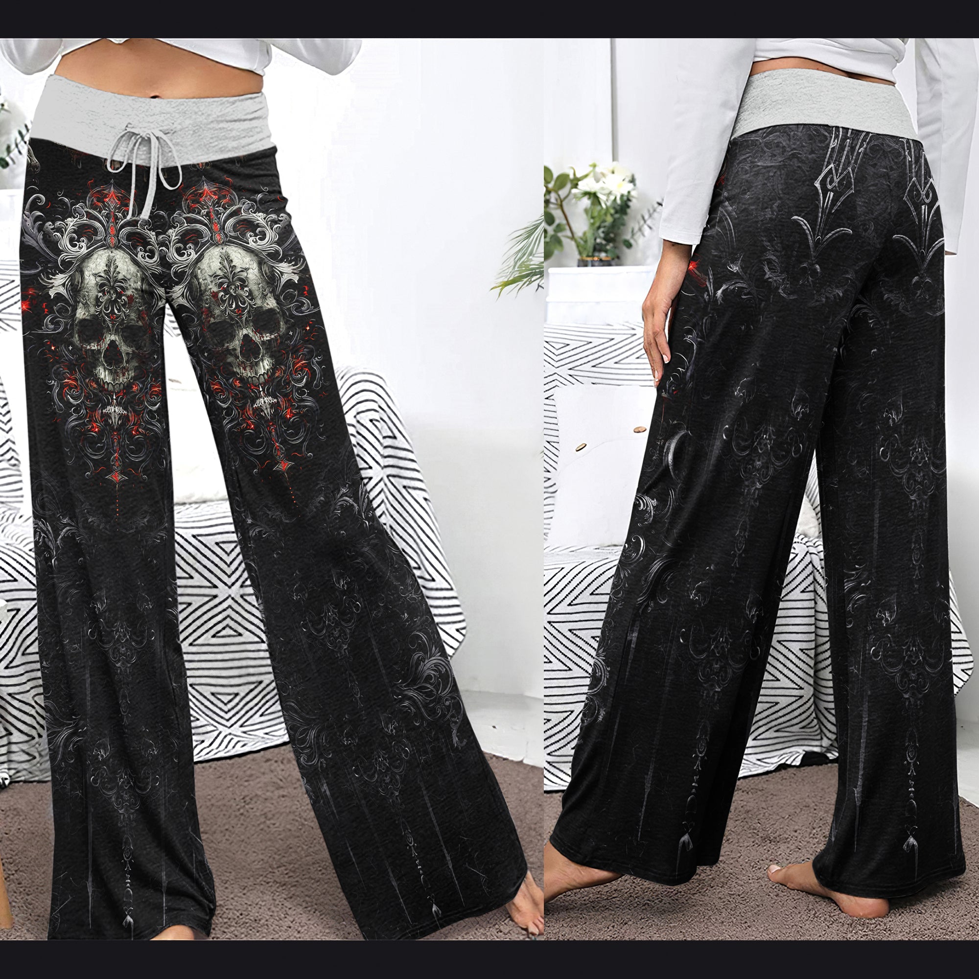 Grey Skull Gothic Art Women's High-waisted Wide Leg Pants | Wonder Skull