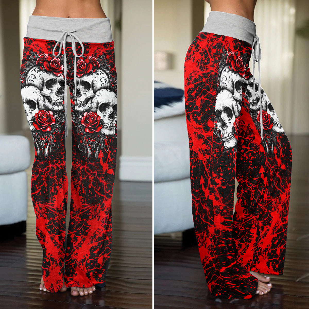 Red Skull Rose Art Women's High-waisted Wide Leg Pants
