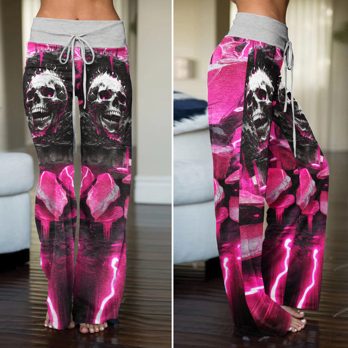 Pink Neon Skull Abstract Women's High-waisted Wide Leg Pants