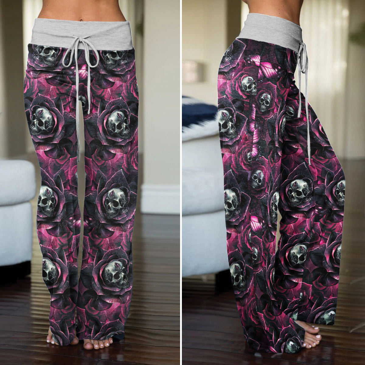 Skull Rose Abstract Pattern Women's High-waisted Wide Leg Pants