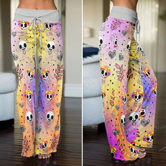 Colorful Mushroom Skull Women's High-waisted Wide Leg Pants