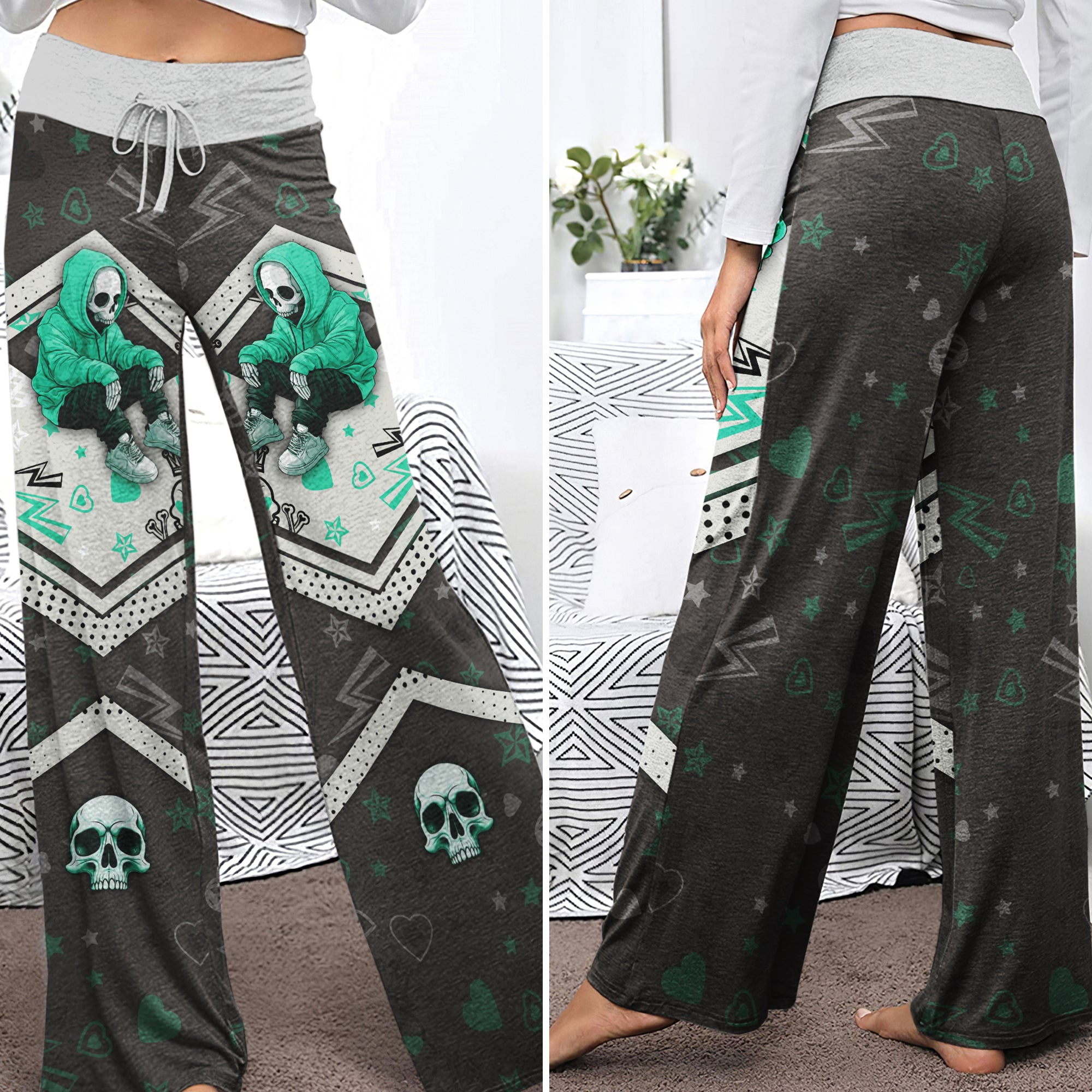 Green Skull Lip Pattern Women's High-waisted Wide Leg Pants