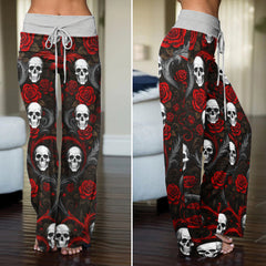 Baroque Blood Skull Roses Women's High-waisted Wide Leg Pants