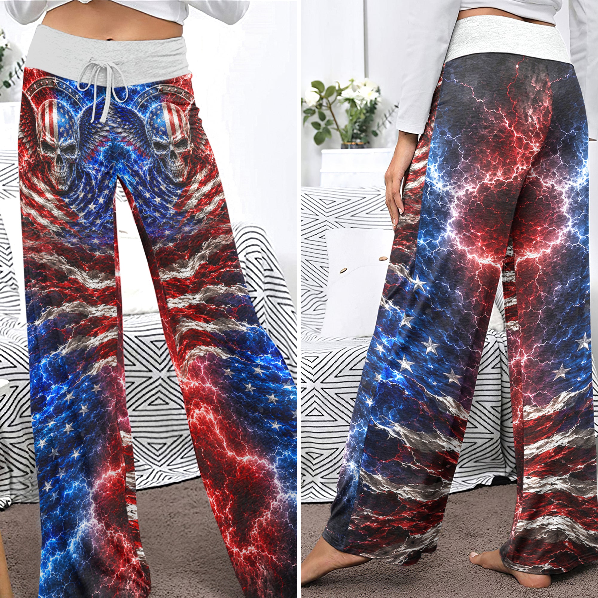Gothic American Flag Art Women's High-waisted Wide Leg Pants