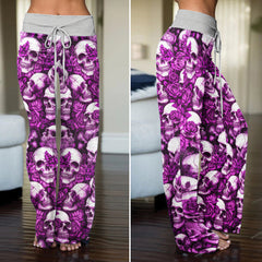 Purple Skull Rose Pattern Women's High-waisted Wide Leg Pants