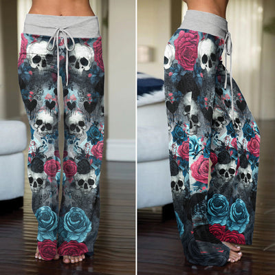 Cyan Skull Rose Pattern Women's High-waisted Wide Leg Pants