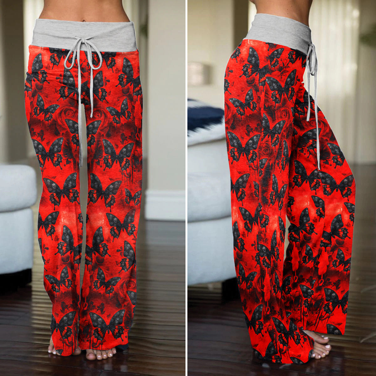 Red Butterfly Skull Gothic Women's High-waisted Wide Leg Pants