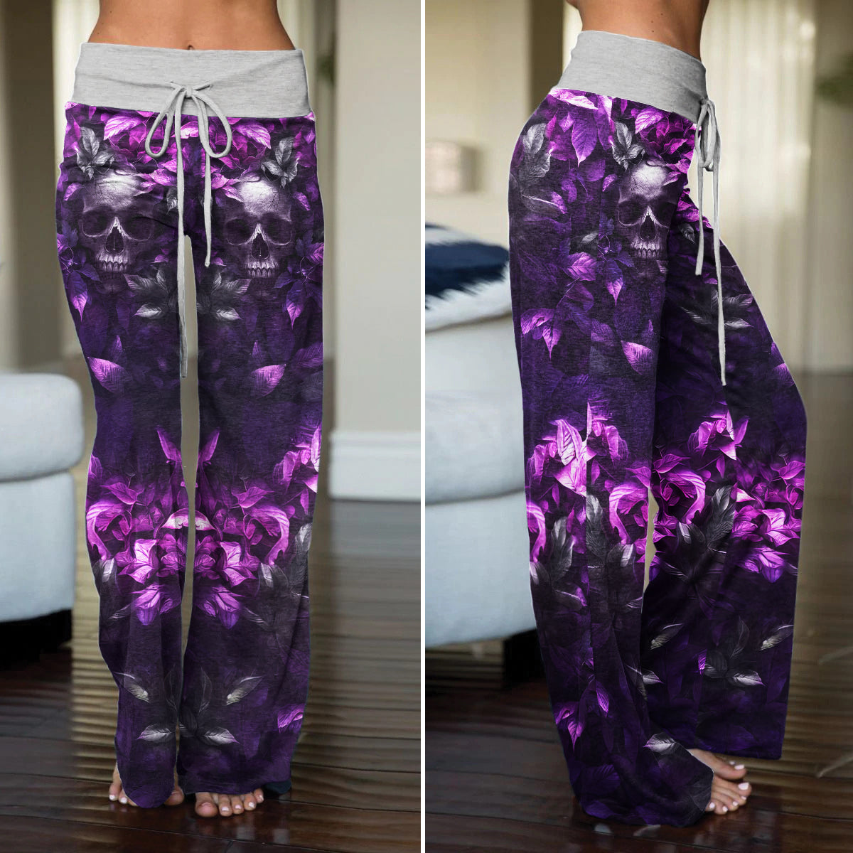 Purple Skull Filigree Rose Women's High-waisted Wide Leg Pants