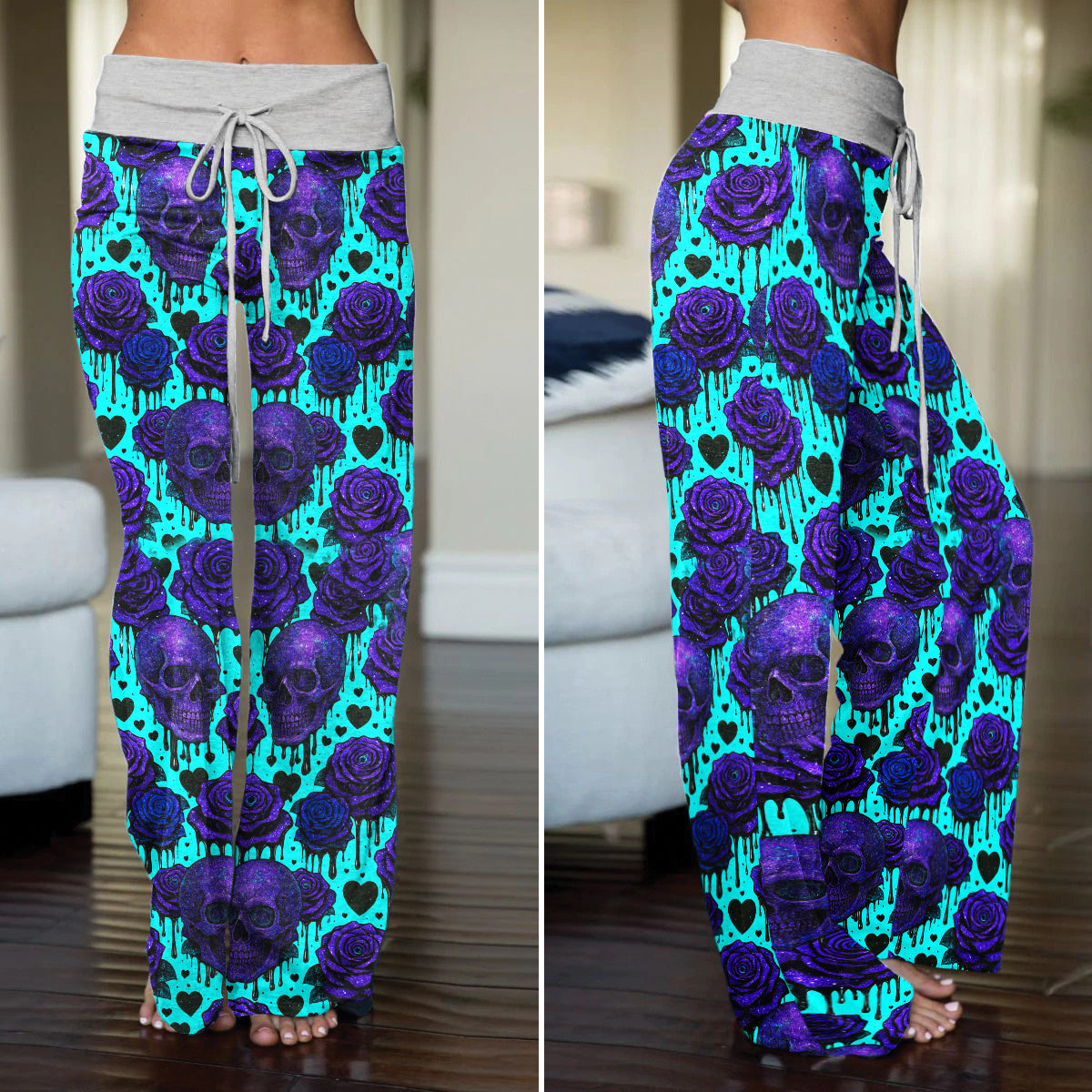 Neon Skull Rose Melting Women's High-waisted Wide Leg Pants