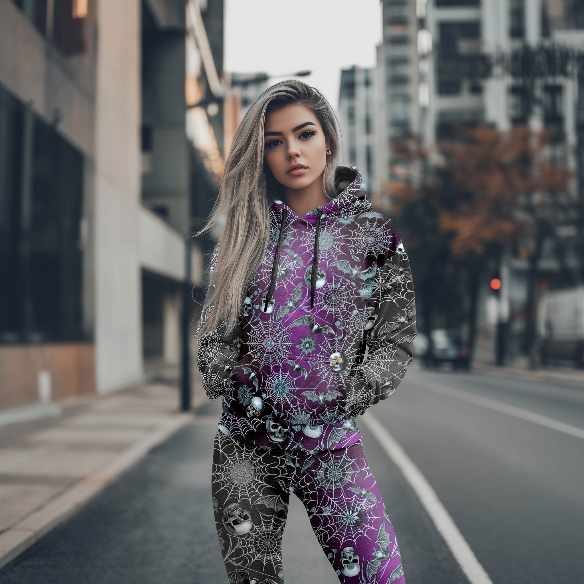 Women Hoodie and Leggings, Skull Bat Swarm Outwear Pants Outfit