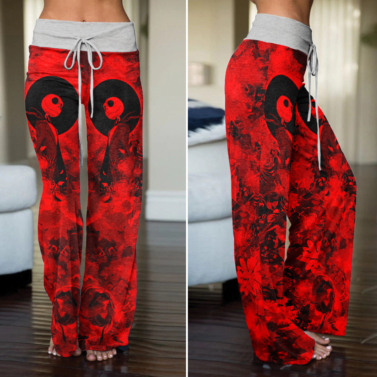 Gothic Skeleton Red Floral Women's High-waisted Wide Leg Pants