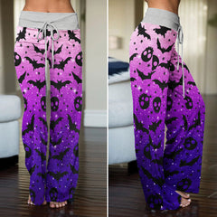 Galaxy Skull Bat Pattern Women's High-waisted Wide Leg Pants