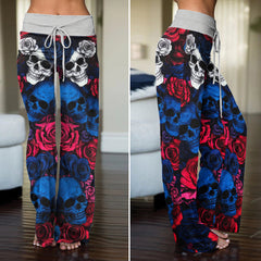Rebel Rose Skull Pattern Women's High-waisted Wide Leg Pants