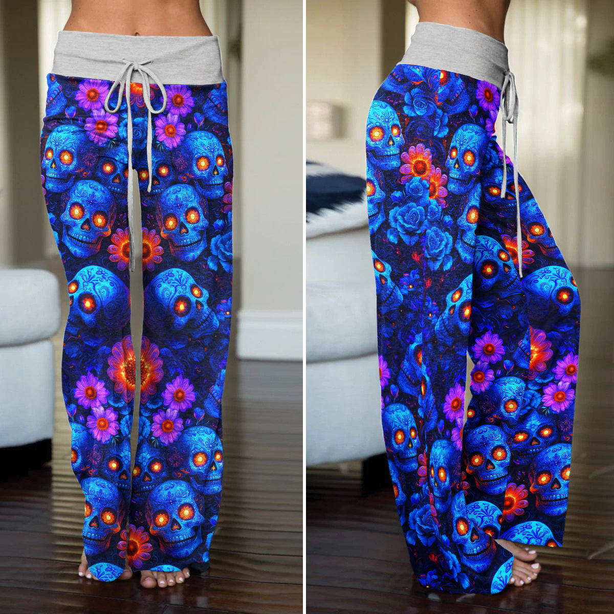 Blue Skull Pattern Women's High-waisted Wide Leg Pants
