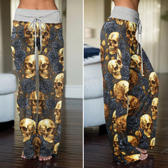 Gold Skull & Black Rose Women's High-waisted Wide Leg Pants