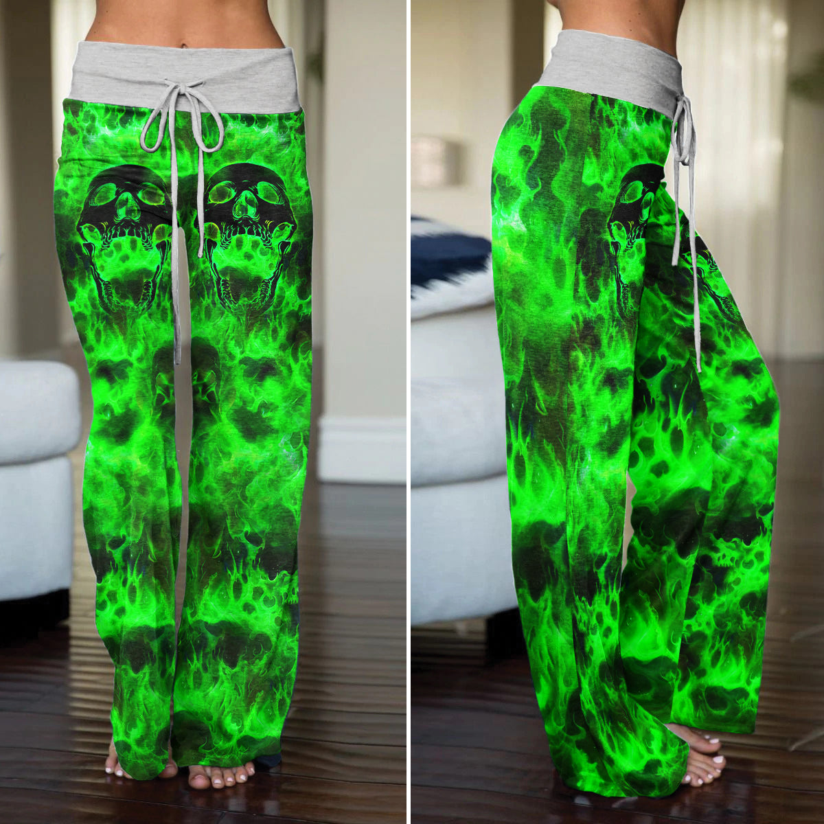 Green Skull Flaming Women's High-waisted Wide Leg Pants