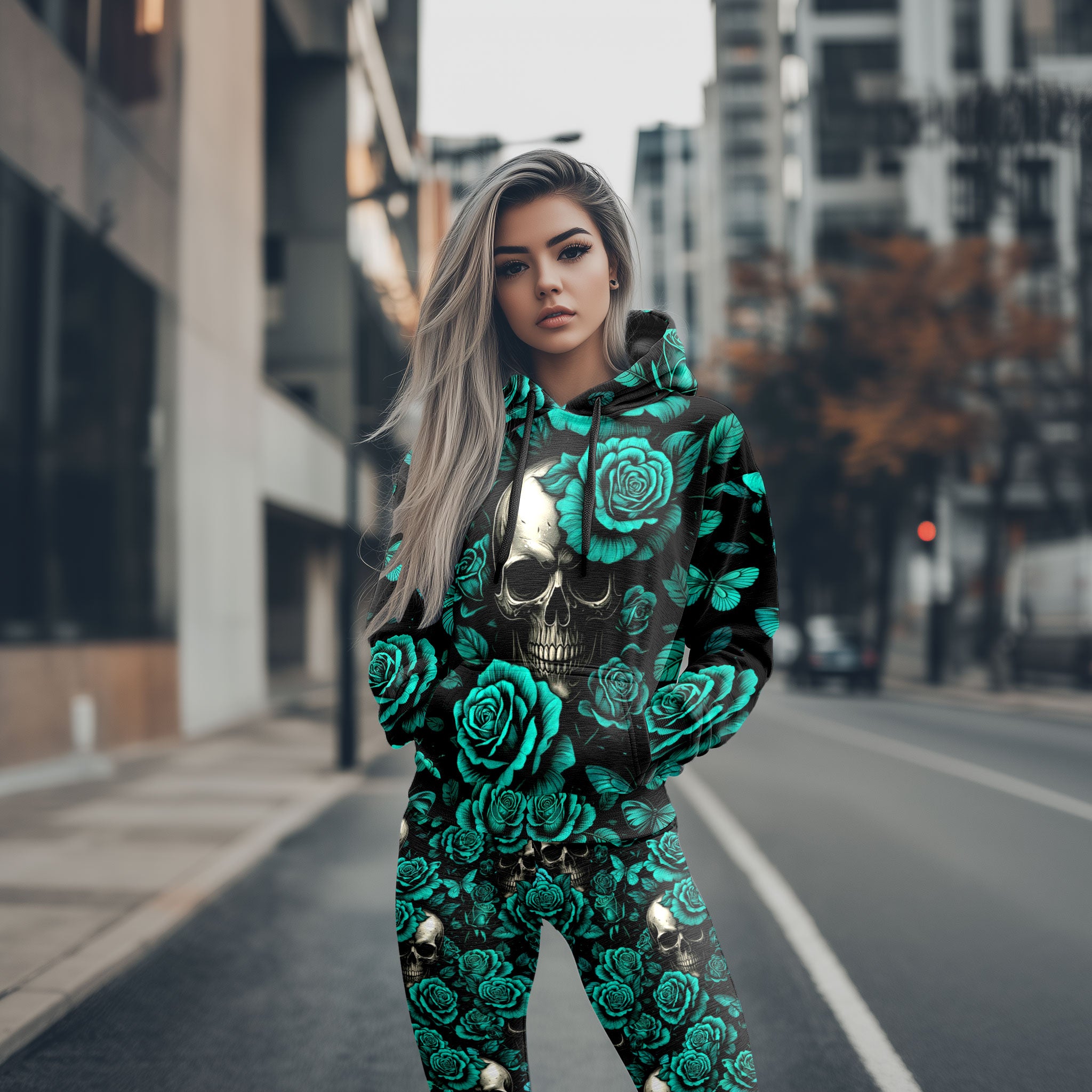 Women Hoodie and Leggings, Cyanide Bloom Skull Outwear Pants Outfit