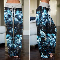 Cyan Galaxy Skull Rose Women's High-waisted Wide Leg Pants