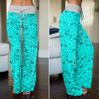 Electric Cyan Skull Pop Women's High-waisted Wide Leg Pants