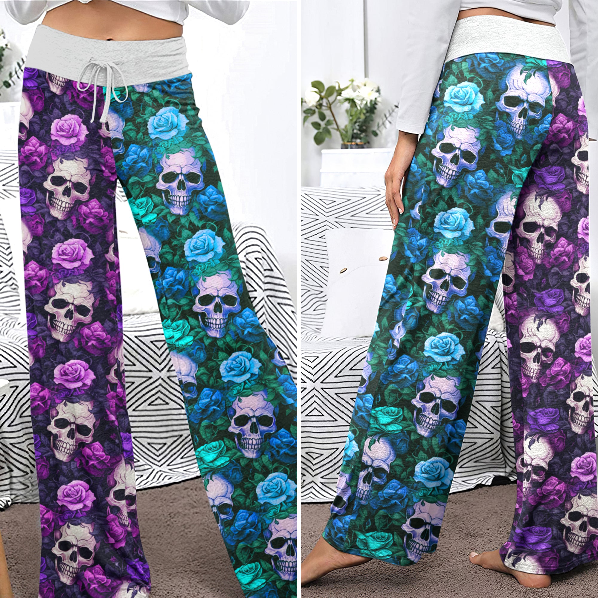 Royal Purple Skull Vines Women's High-waisted Wide Leg Pants