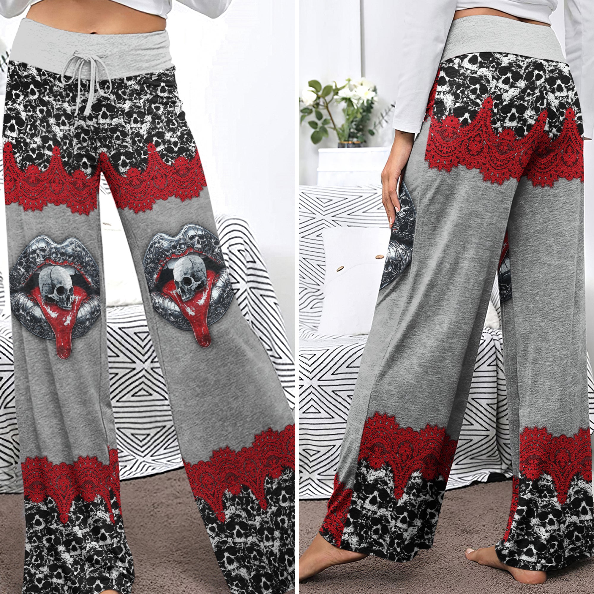 Metal Skull Lip Melt Women's High-waisted Wide Leg Pants