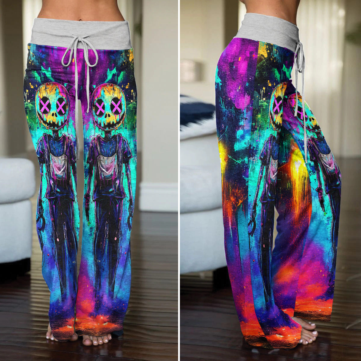 Colorful Nightamre Artwork Women's High-waisted Wide Leg Pants