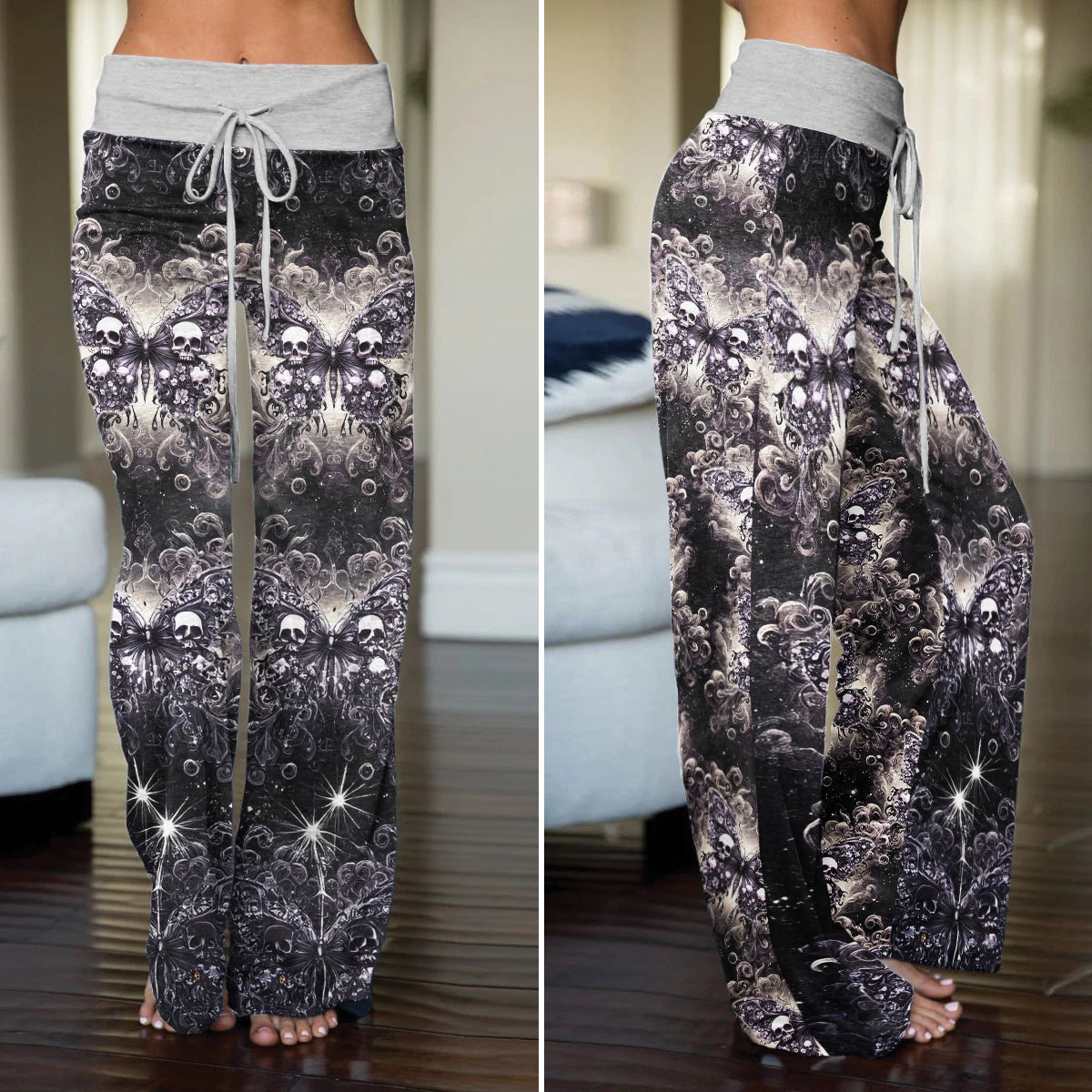 Celestial Gothic Skull Butterfly Women's High-waisted Wide Leg Pants