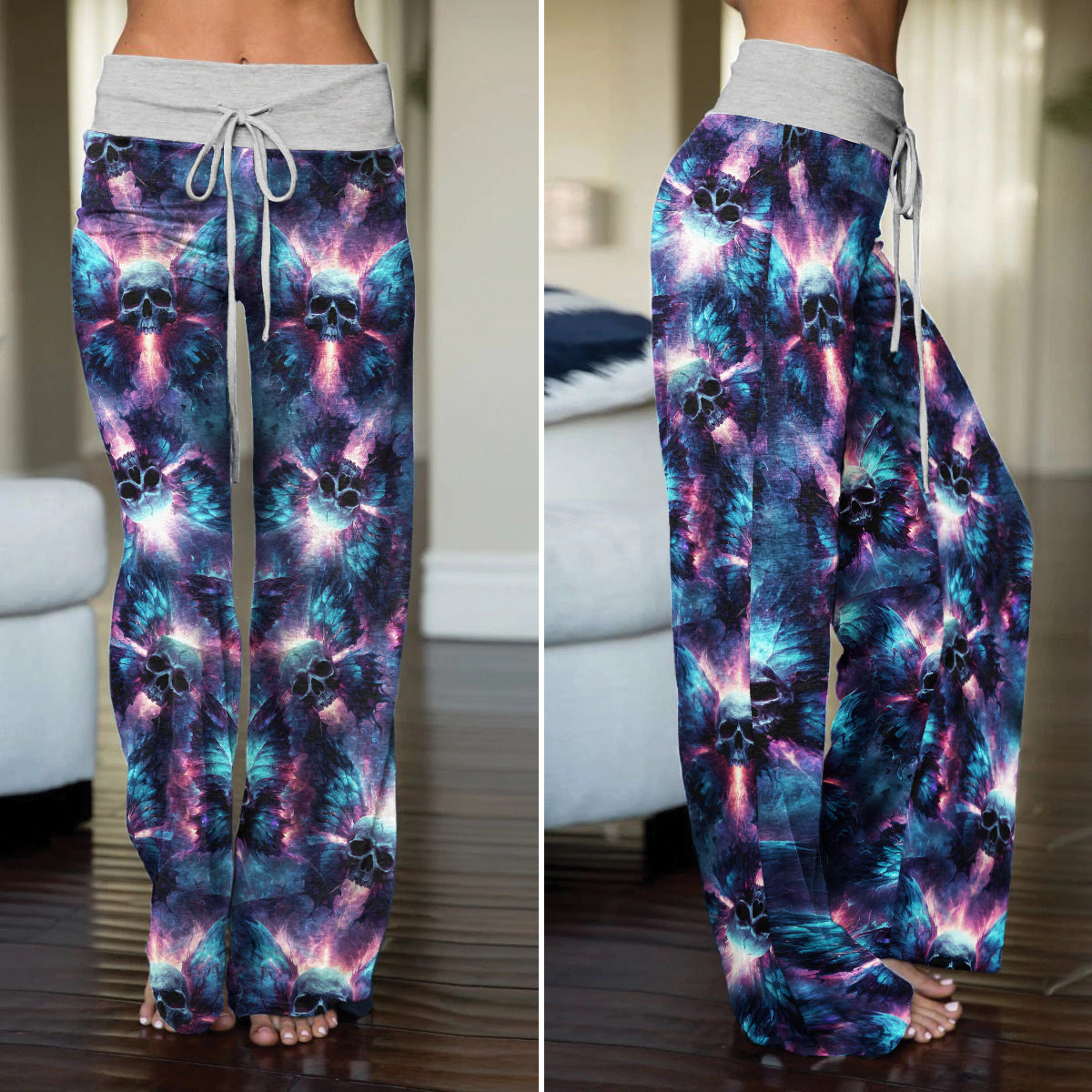 Galaxy Skull Butterfly Pattern Women's High-waisted Wide Leg Pants