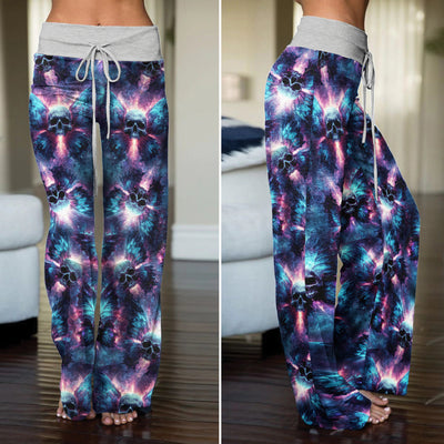 Galaxy Skull Butterfly Pattern Women's High-waisted Wide Leg Pants
