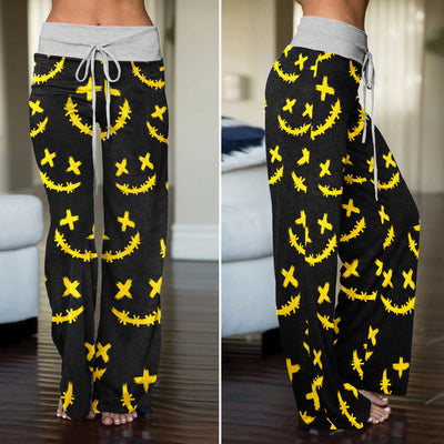 Yellow Stitch Faces Pattern Women's High-waisted Wide Leg Pants