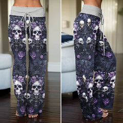 Purple Skull Gothic Women's High-waisted Wide Leg Pants