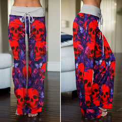 Red Skull Abstract Pattern Women's High-waisted Wide Leg Pants