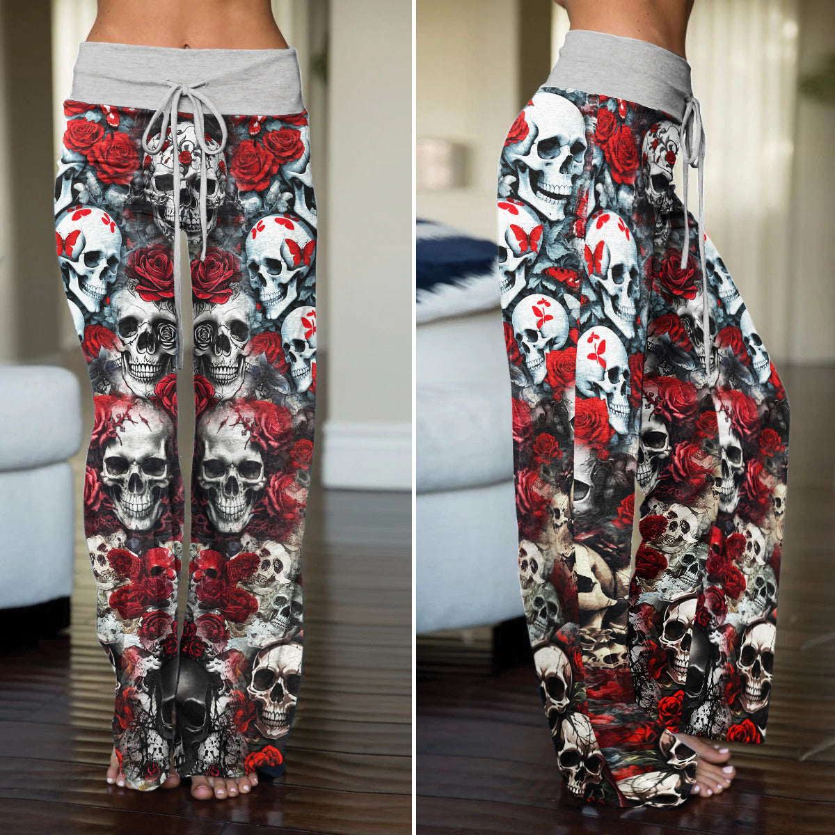 Gothic Skull Red Garden Women's High-waisted Wide Leg Pants