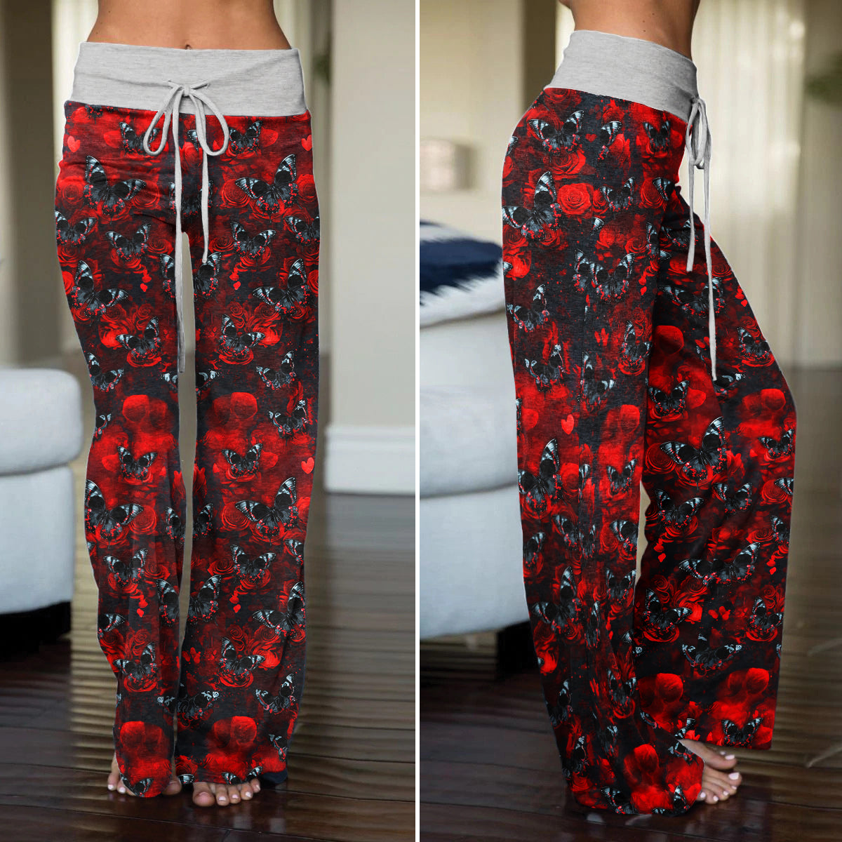 Red Butterfly Skull Pattern Women's High-waisted Wide Leg Pants