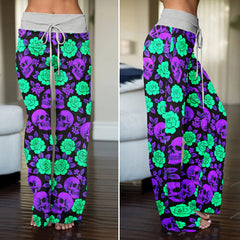 Neon Glowing Skulls Roses Women's High-waisted Wide Leg Pants