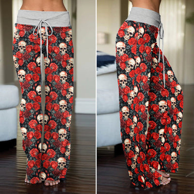 Blood Red Skull Bloom Women's High-waisted Wide Leg Pants