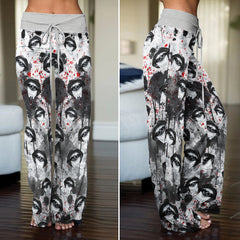 Black Skull Lip Pattern Women's High-waisted Wide Leg Pants