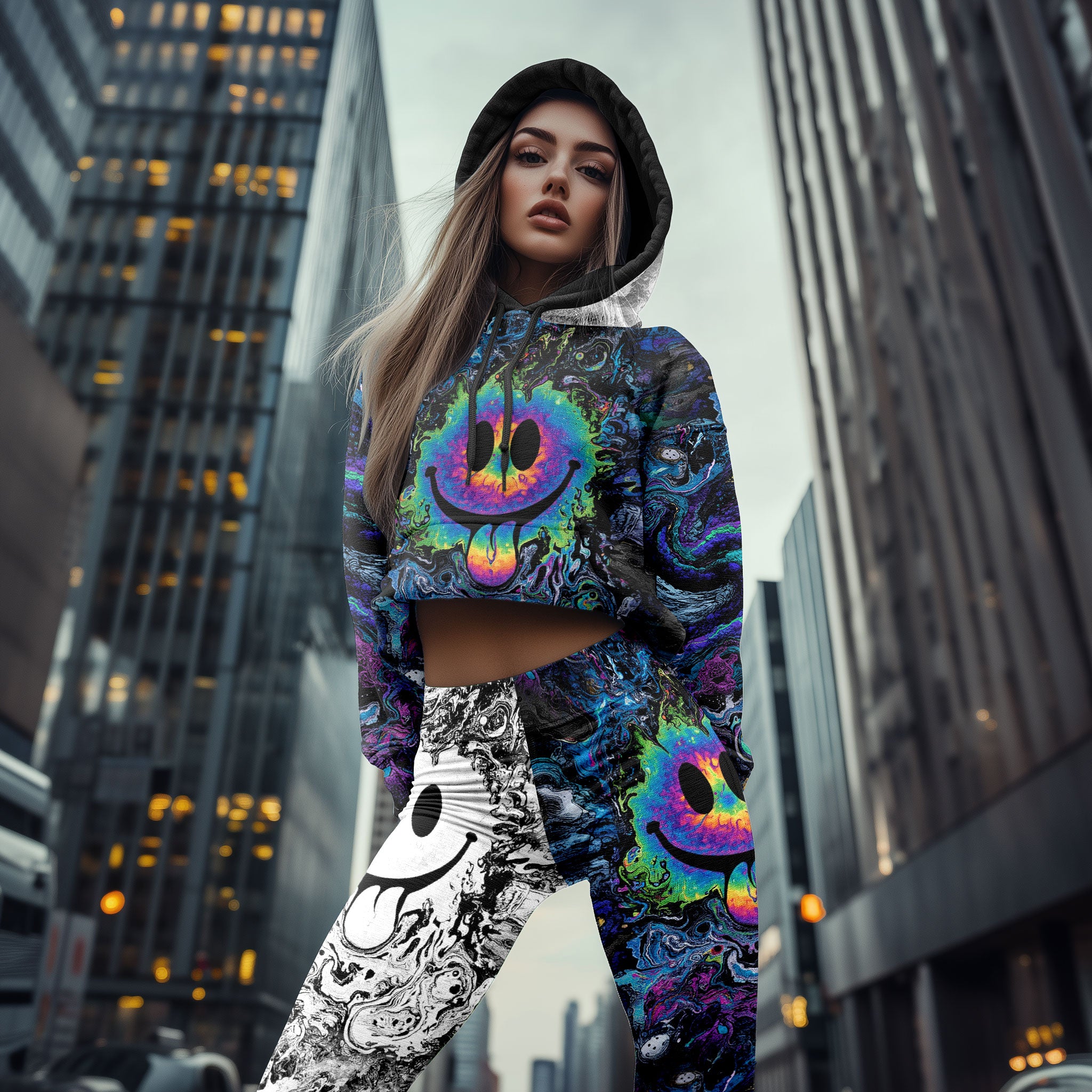 Women Hoodie and Leggings, Melting Smile Grin Outwear Pants Outfit