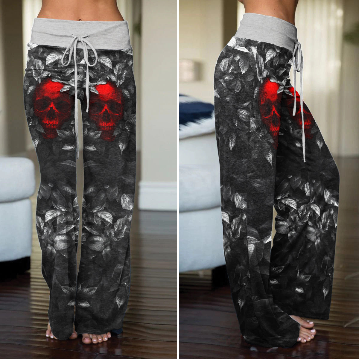 Red Skull Leaf Art Women's High-waisted Wide Leg Pants