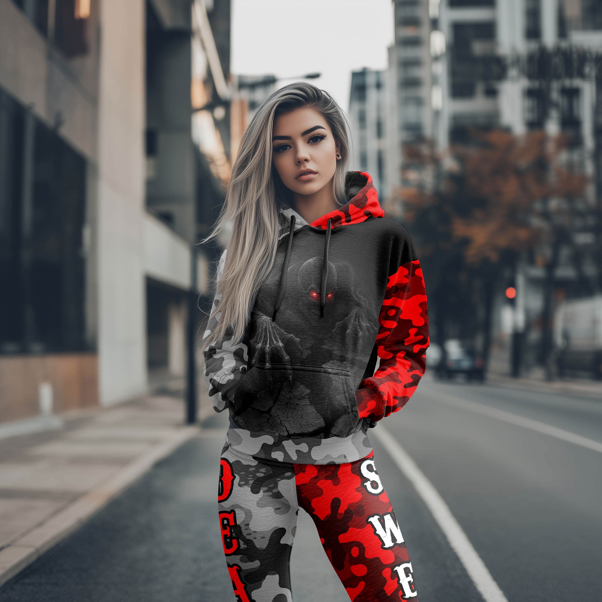 Women Hoodie and Leggings, Inferno Skull Camo Outwear Pants Outfit