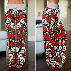 Noir Skull Flower Tapestry Women's High-waisted Wide Leg Pants