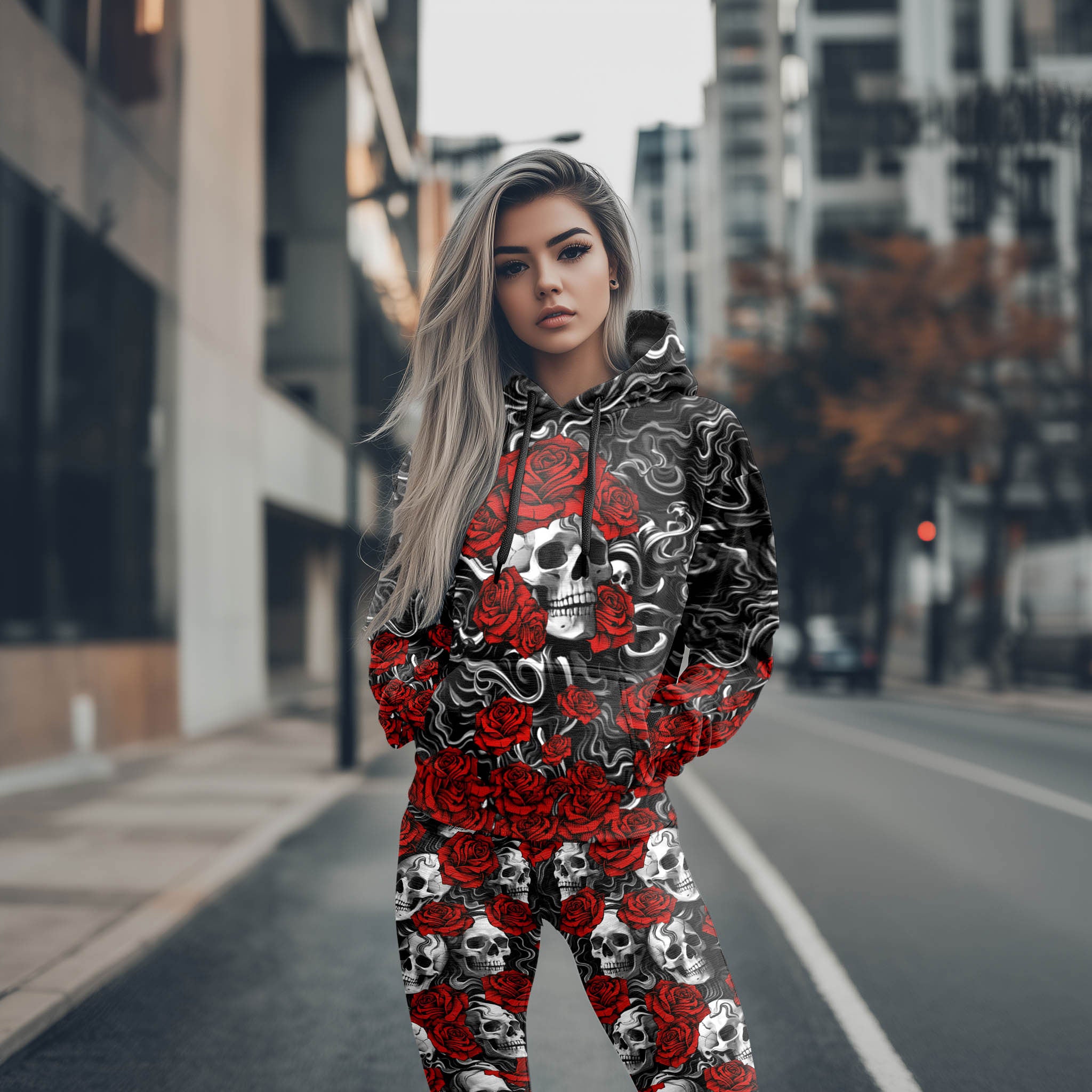Women Hoodie and Leggings, Swirling Scarlet Skull Outwear Pants Outfit