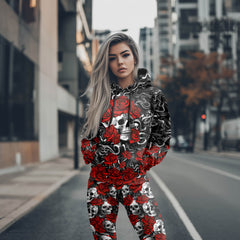 Women Hoodie and Leggings, Swirling Scarlet Skull Outwear Pants Outfit
