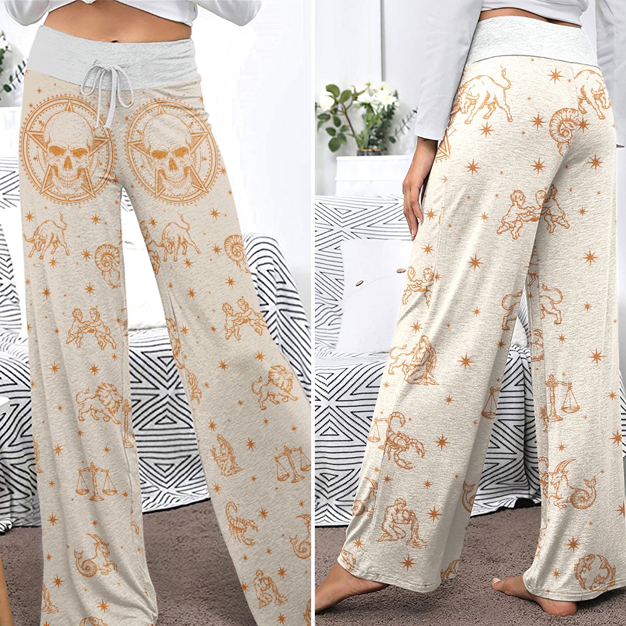 Celestial Zodiac Skull Art Women's High-waisted Wide Leg Pants