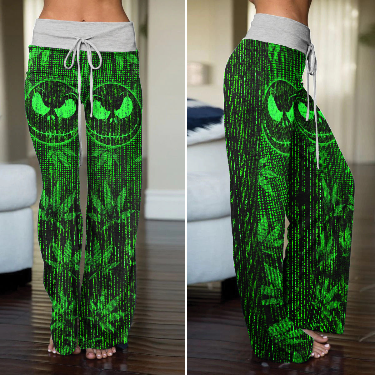 Green Code Skelly Women's High-waisted Wide Leg Pants