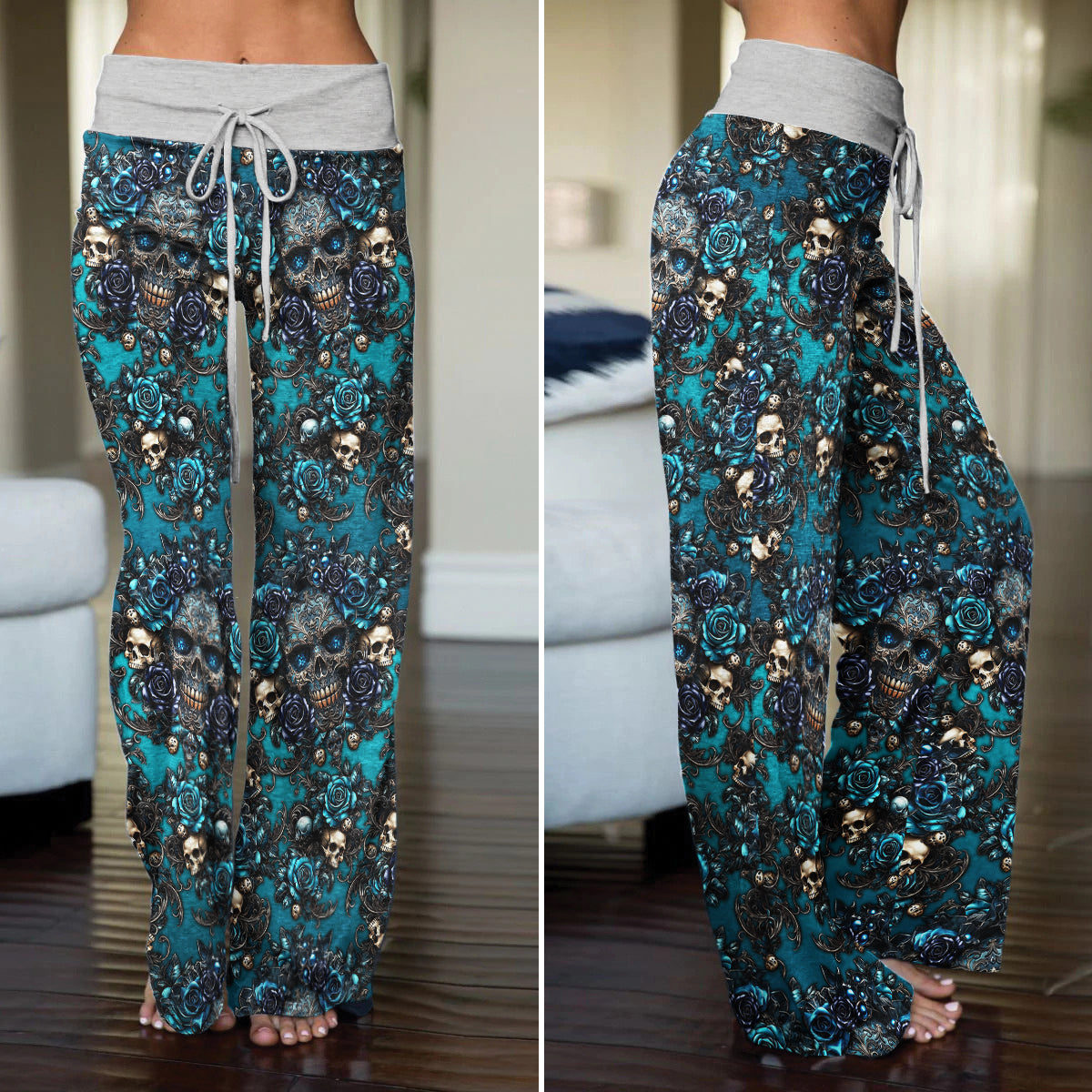 Dark Blue Skull Gothic Women's High-waisted Wide Leg Pants