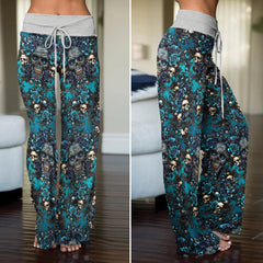 Dark Blue Skull Gothic Women's High-waisted Wide Leg Pants